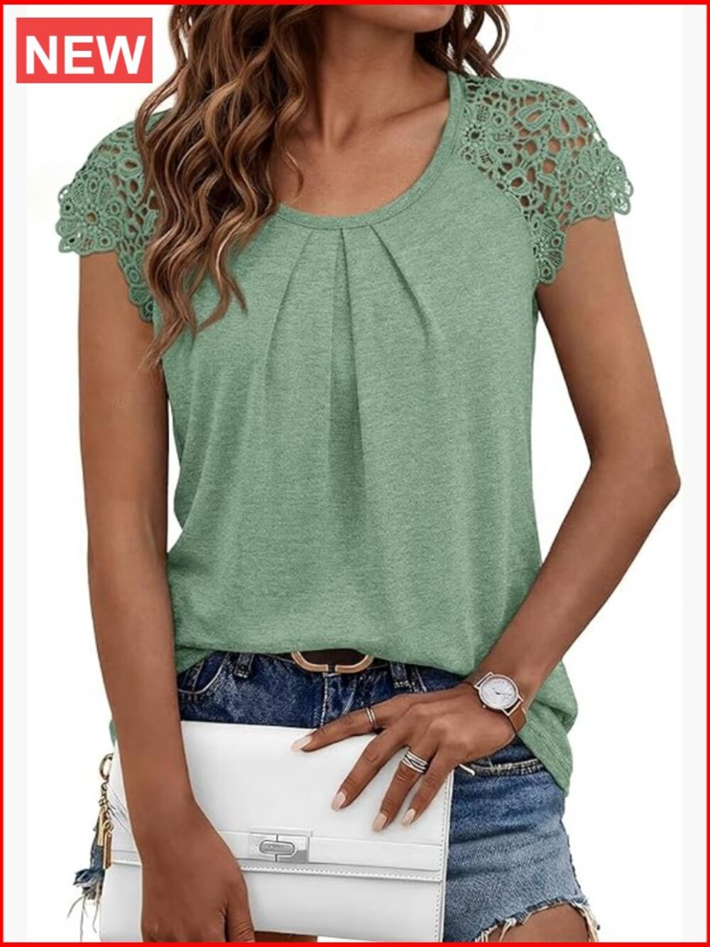 Lace Trim Pleated Short Sleeve Blouse - Business Casual Dressy Top